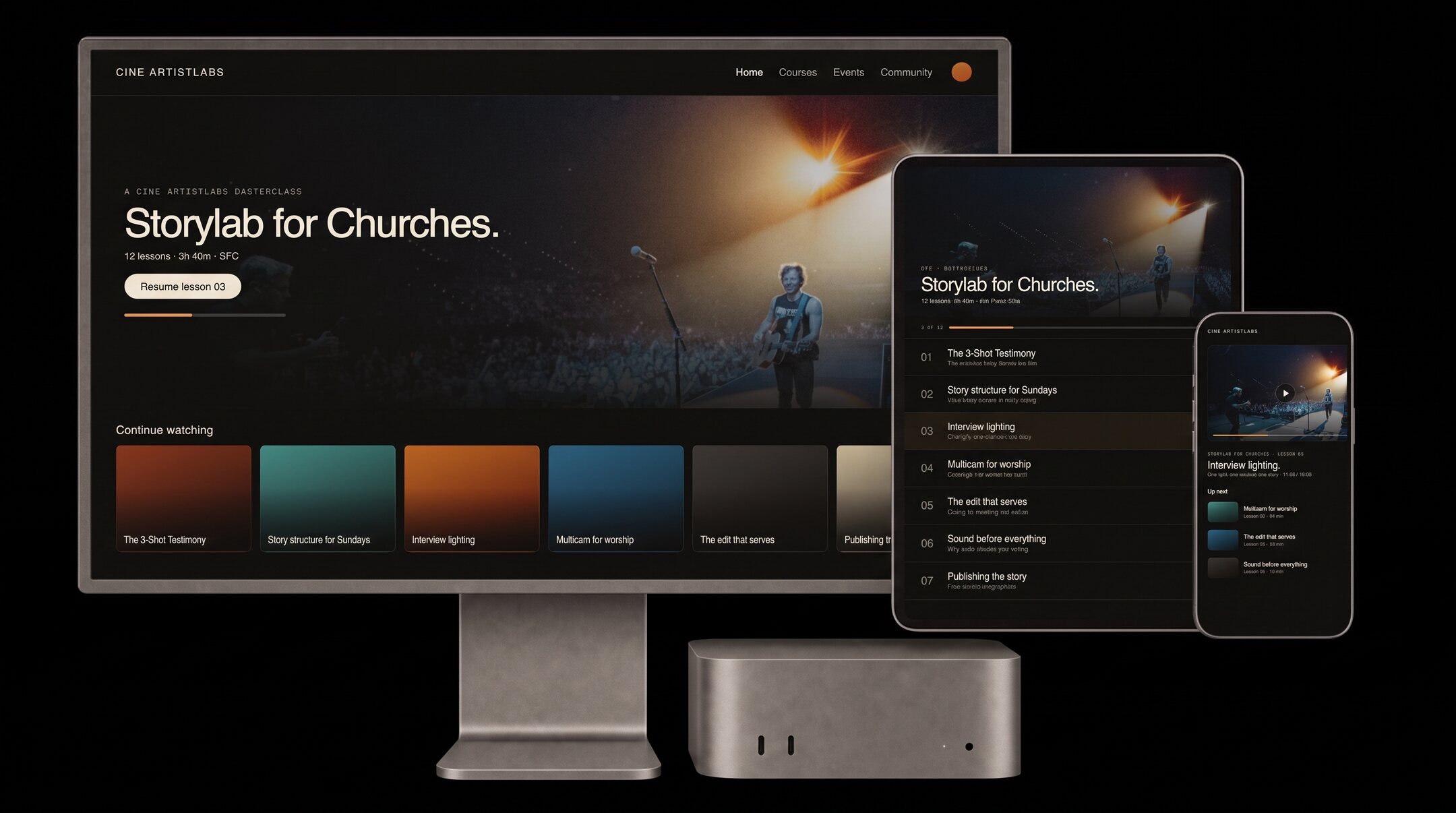 The Lab running Storylab for Churches on a Studio Display, iPad and iPhone