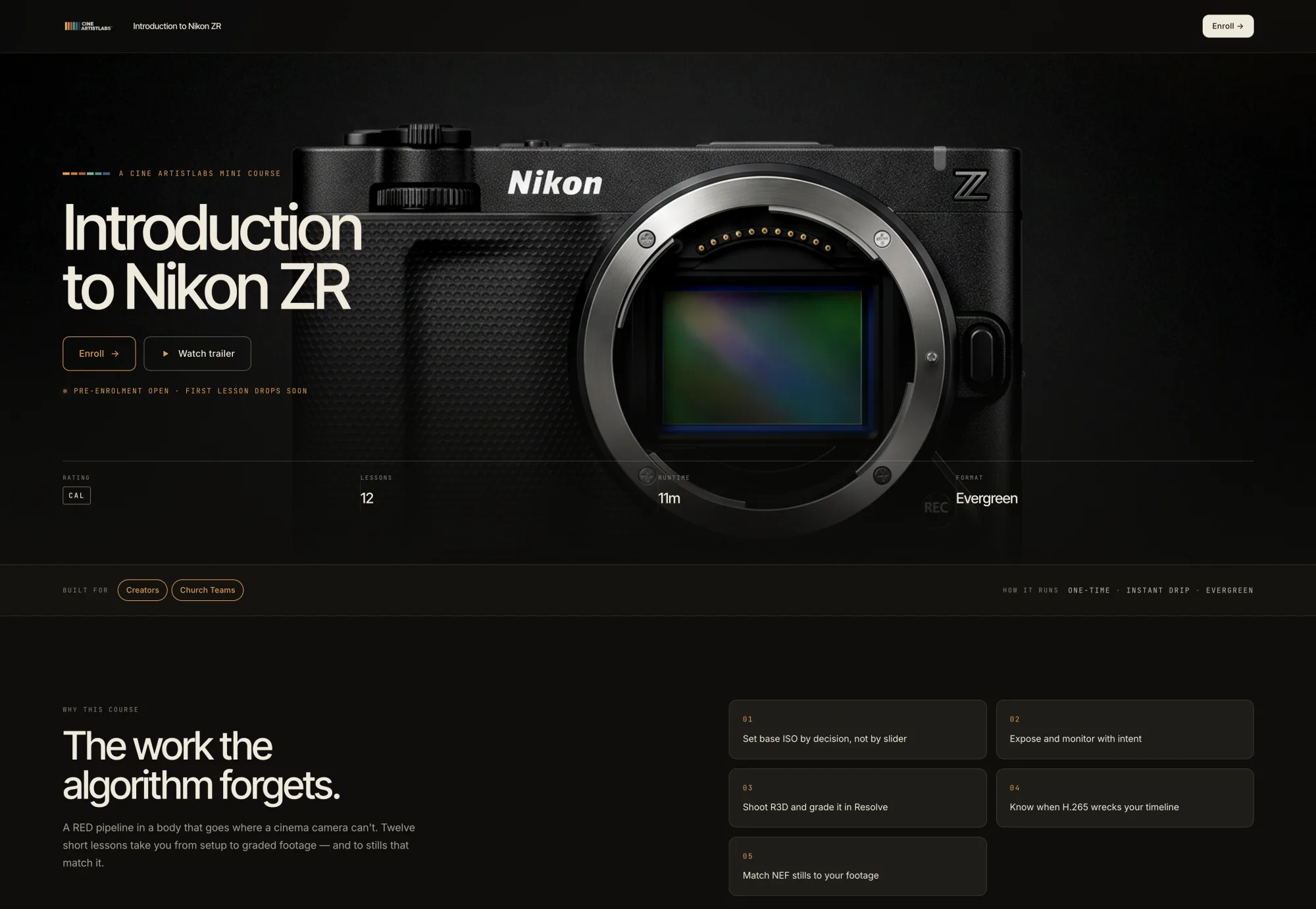 The Introduction to Nikon ZR course page with lessons, runtime and what you will learn.