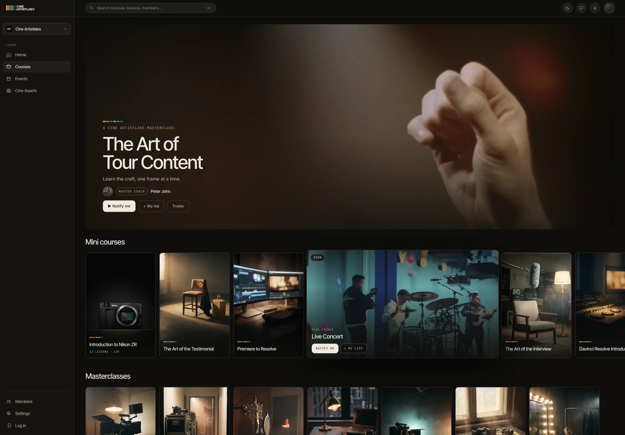 The course library with a featured masterclass billboard and rows of mini courses and masterclasses.