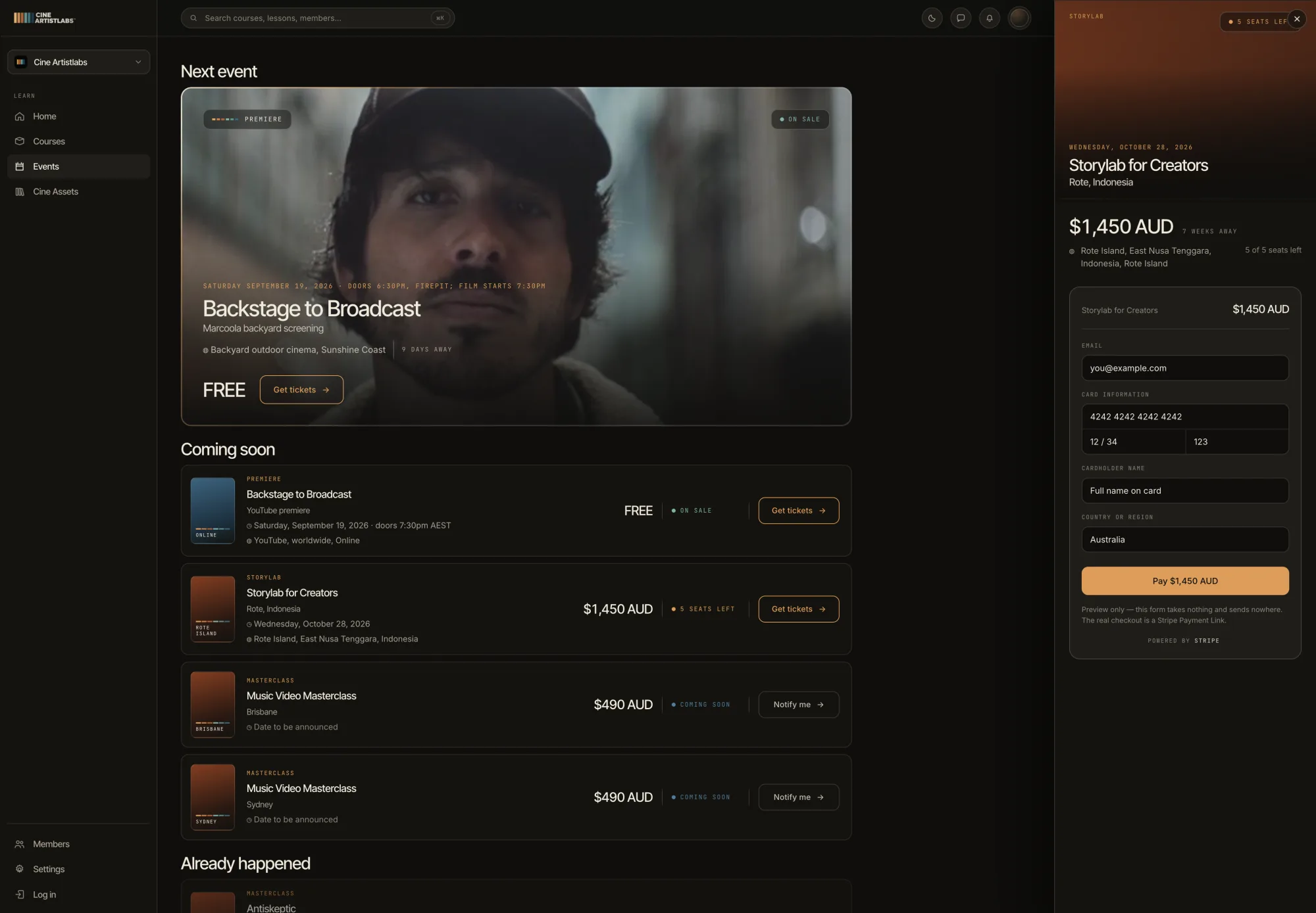 The events page with the next premiere, upcoming workshops and a ticket checkout panel.