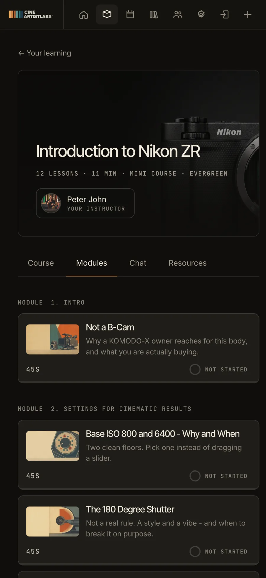A course module list on a phone, each lesson with a thumbnail, runtime and progress.