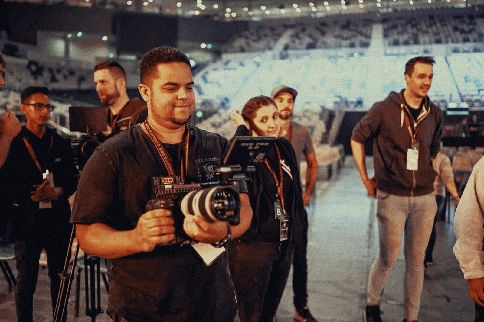 Crew setting up in the arena