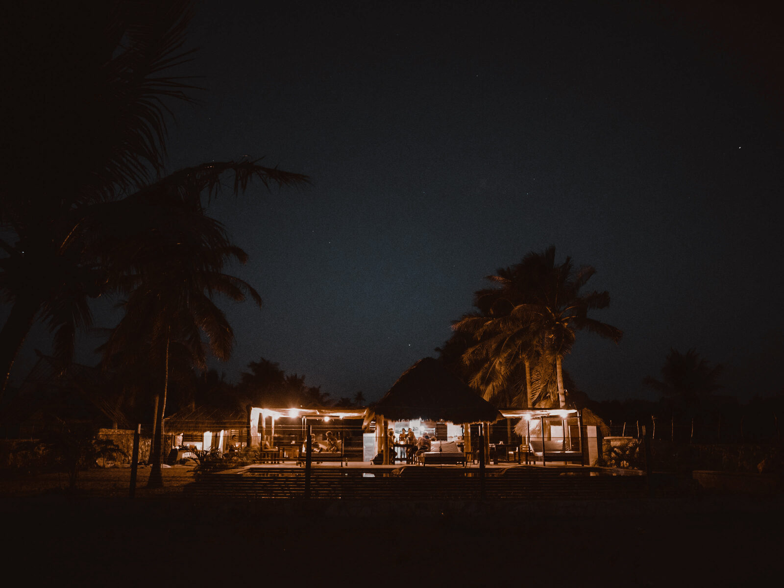 The premiere venue lit up under the palms after dark