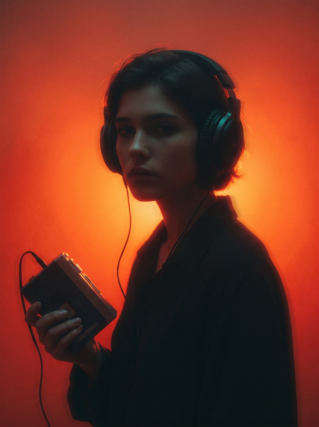 Someone listening on headphones, lit from behind